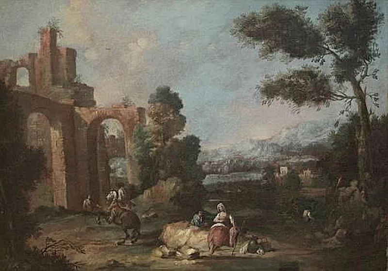 Un pastore e una pastorella pascolano il loro bestiame davanti a un paesaggio montuoso - attribuito